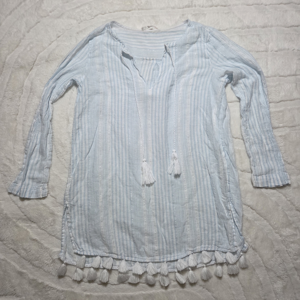 C&C California Linen Blend Coastal Beach Tunic Swim Cover Up Boho Tassels Sz S